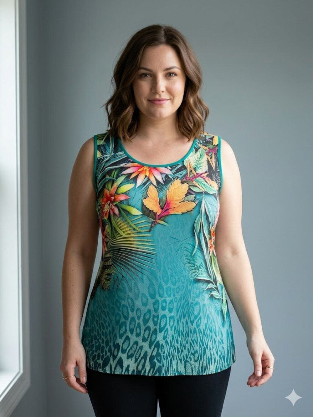 Chico's Size 3 Bold Tropical Botanical & Leopard Print Tank Top Tunic